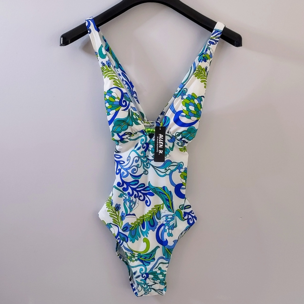 Allen B One Piece Blue/Green Floral Tie Back Swimsuit size 8